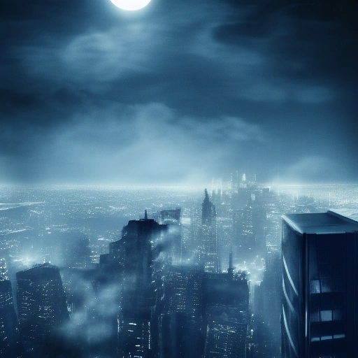 14179-732604952-batman looking down on Gotham on the roof of a skyscraper,  realism, high resolution, dark, moody, night, moonlit, Hitofude-ryuu.webp
